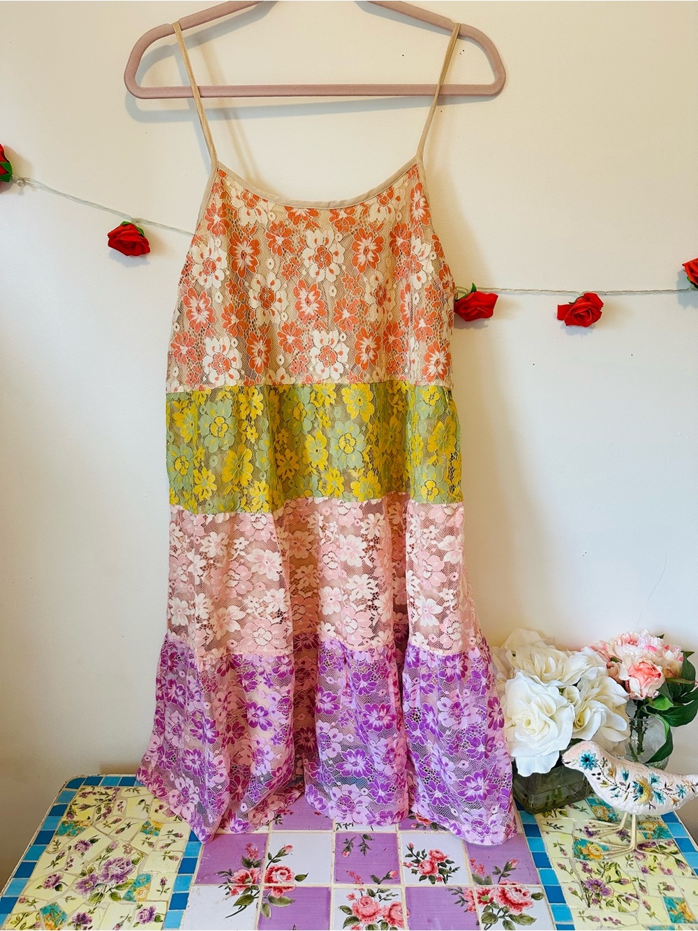 NEW Mystree Gabriella Color Block Multicolor Floral Lace Tiered Midi Dress L - Picture 3 of 12